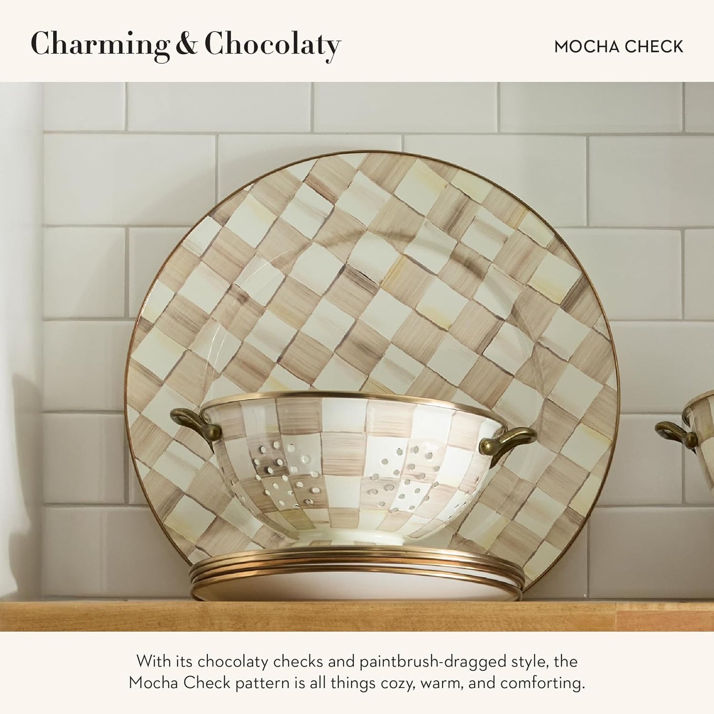 MACKENZIE-CHILDS Enamel Serving Platter, Decorative Serving Platter for Food, 16 Inches, Brown-and-White Mocha Check