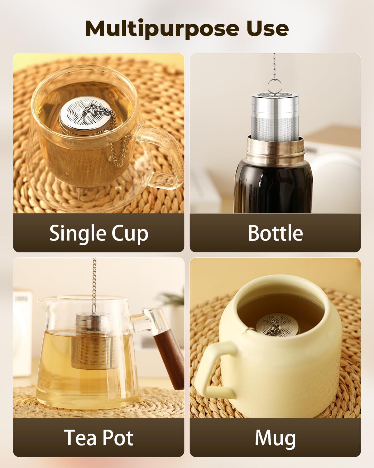 House Again 2 Pack Tea Infusers, Extra Fine Mesh Tea Strainers for Loose Tea, Updated Slim Threaded Lid & 304 Stainless Steel, Loose Leaf Tea Steeper for Brew Tea Spices & Seasonings