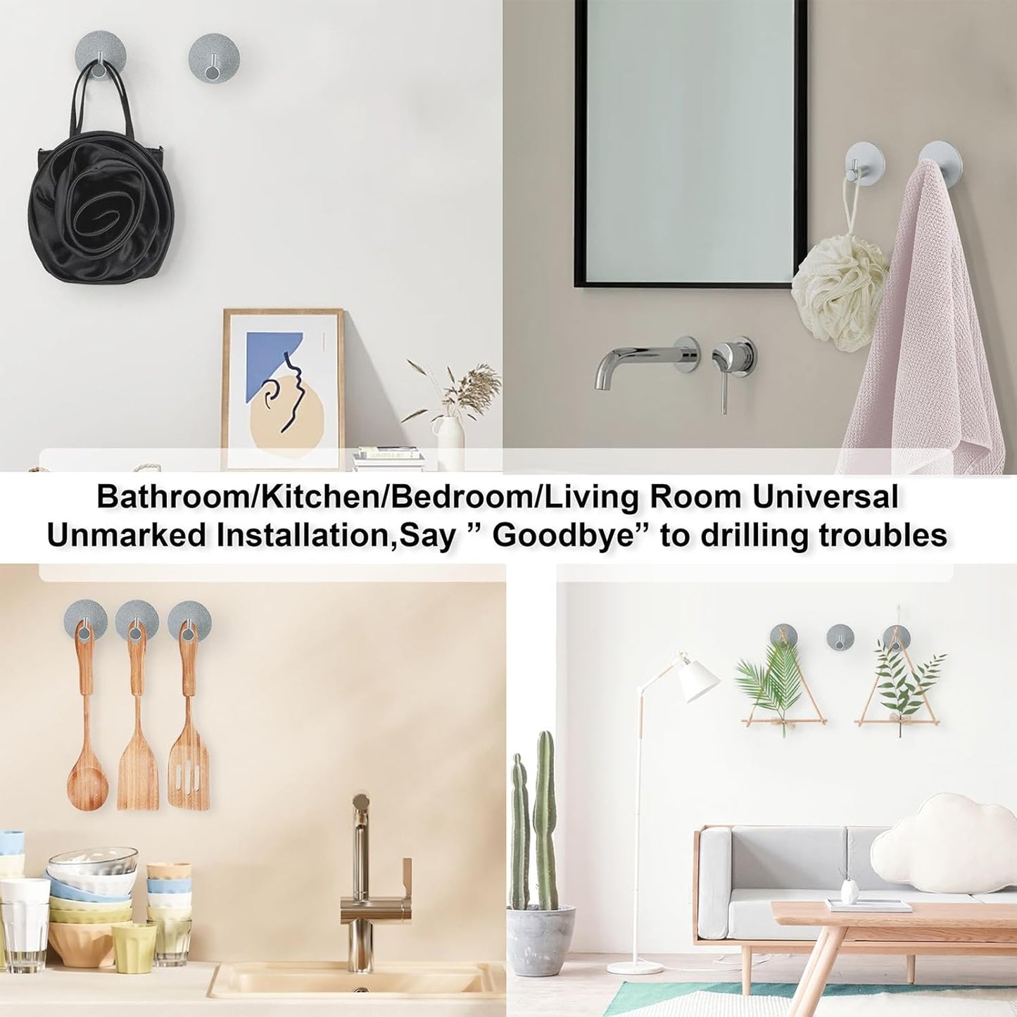 Aluminum Wall Hooks, No Drill Damage-Free Adhesive Hook, Product for Hanging Heavy Duty for Bathroom Kitchen Home (Single Round Sliver Hook, 4)