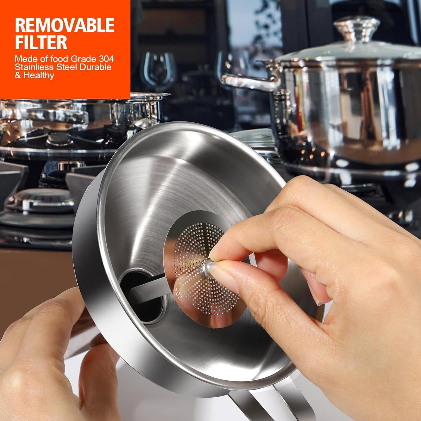 YGDZ Stainless Steel Funnel, 3PCS Kitchen Funnels for Filling Bottles Set, Large Food Grade Metal Funnel with 3pcs Removable Strainer, 2pcs Brushes, Funnels for Kitchen Use, Bottle Funnel for Liquid