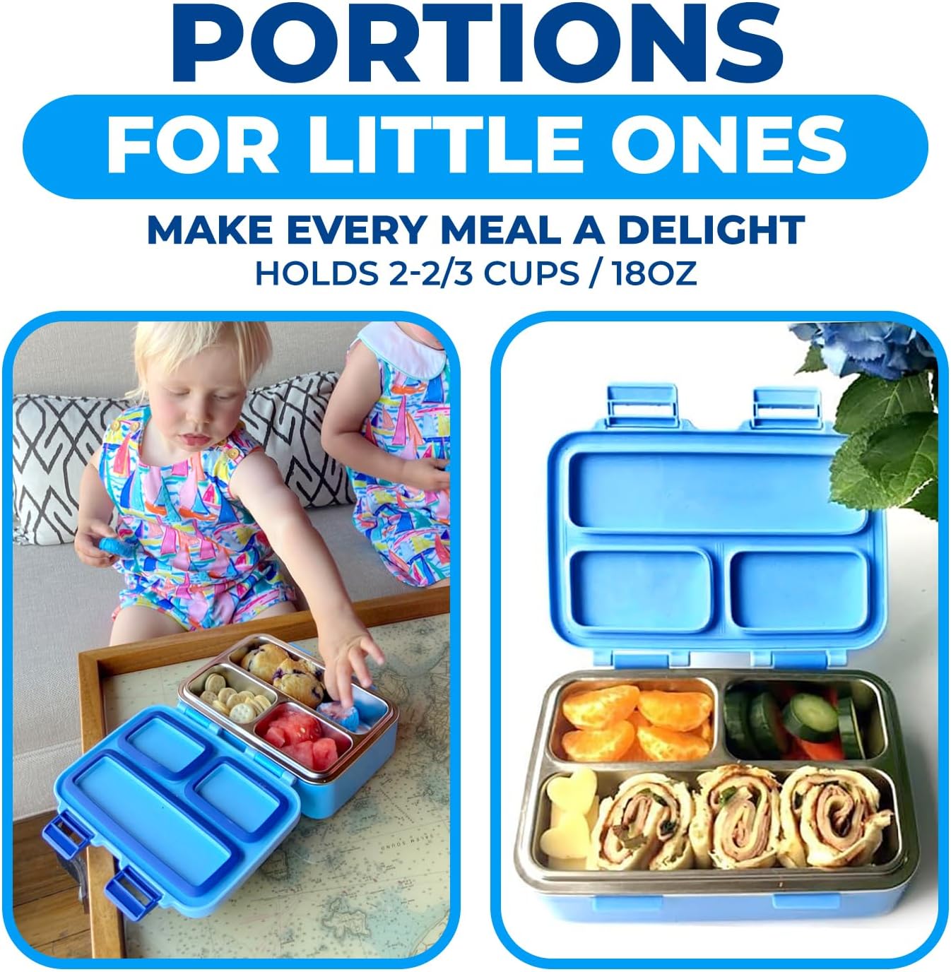 Stainless Steel Lunch Box for Baby Toddlers Boys, Mini Bento, 3 Eco Metal Portion Sections Leakproof Lid, Pre-School Daycare Lunches, Kids Spill-Proof Snack Container, 18 oz/ 550 mL Blue Cute Monster