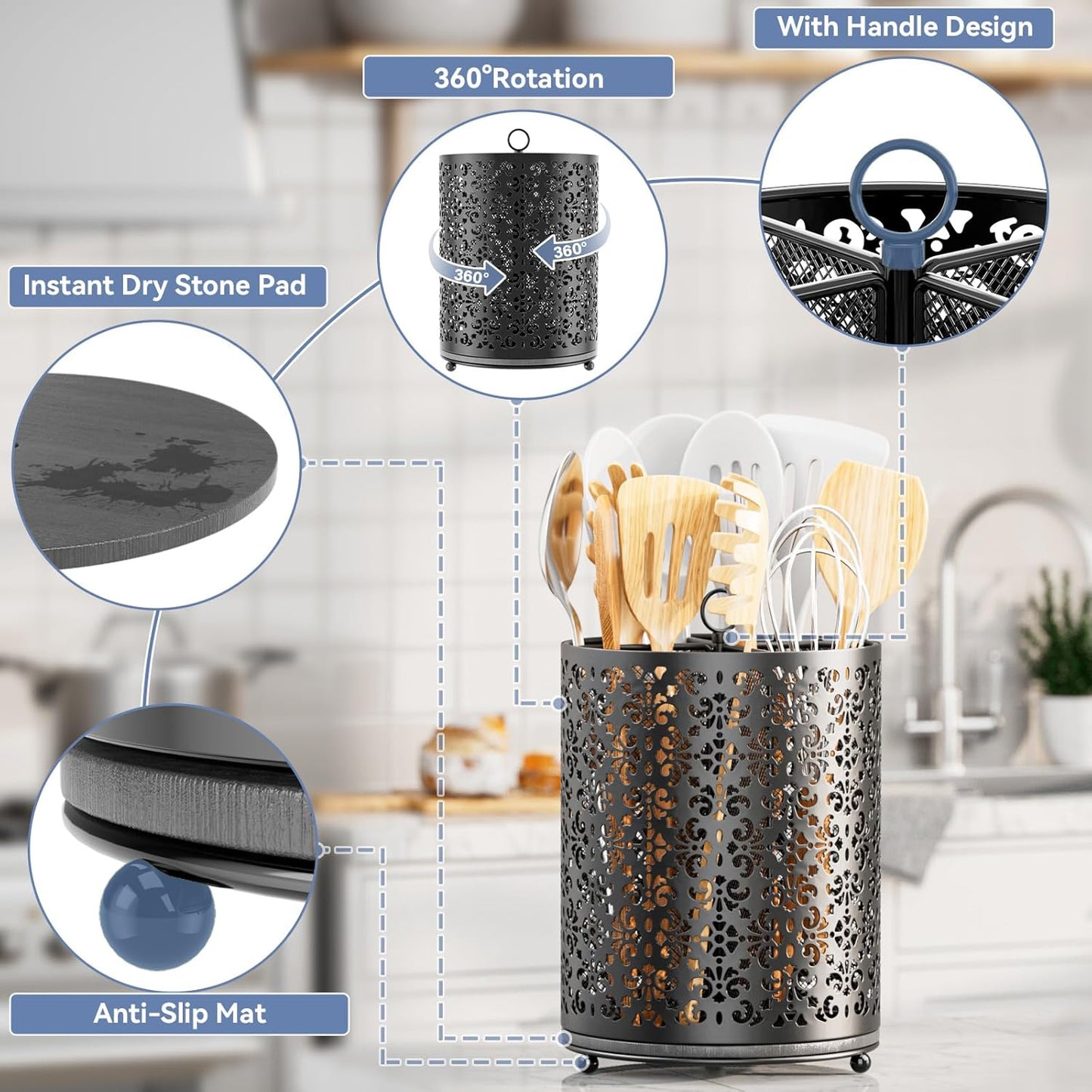 360° Rotating Utensil Holder - Extra Large Cooking Utensils Caddy Counter Organizer with Instant-Dry and Removable Base for Kitchen Tools