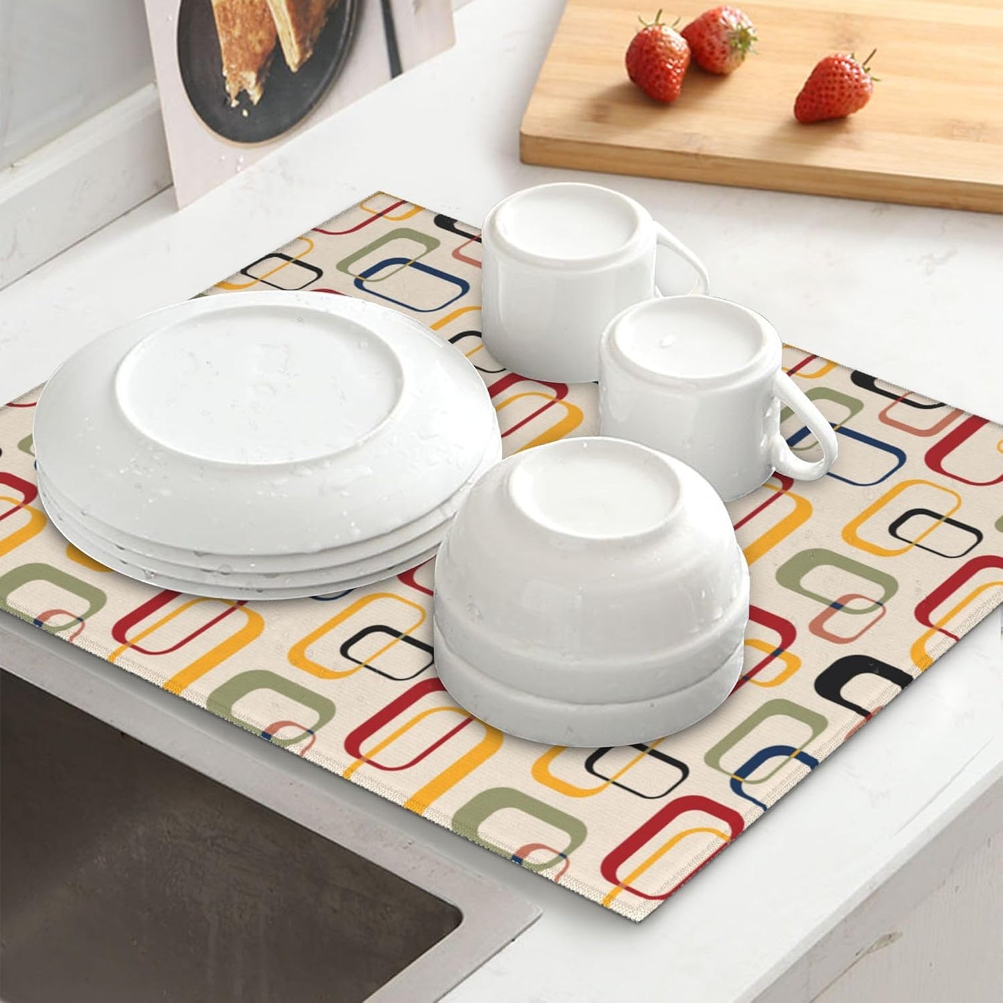 Mid Century Modern Retro Dish Drying Mat for Kitchen Counter Washable Absorbent Reversible Microfiber Vintage Decorative Drying Pad Kitchen Accessories 16x18 Inch