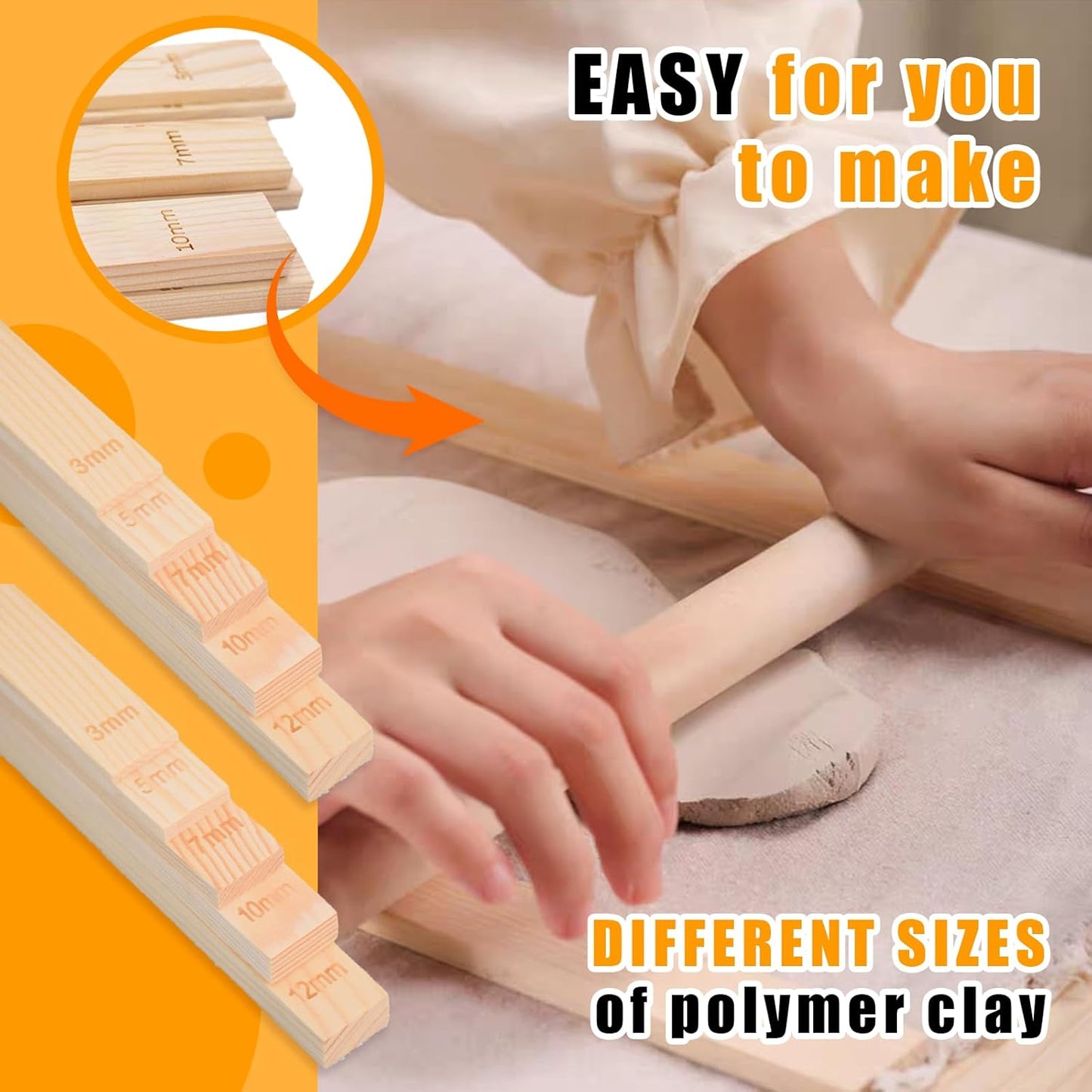 10 Pcs Wooden Pottery Rolling Pin Guides Set,5 Sizes Clay Tools for Precise Clay Thickness Control,Ceramic Tools for Precise Polymer Clay Thickness Measuremen