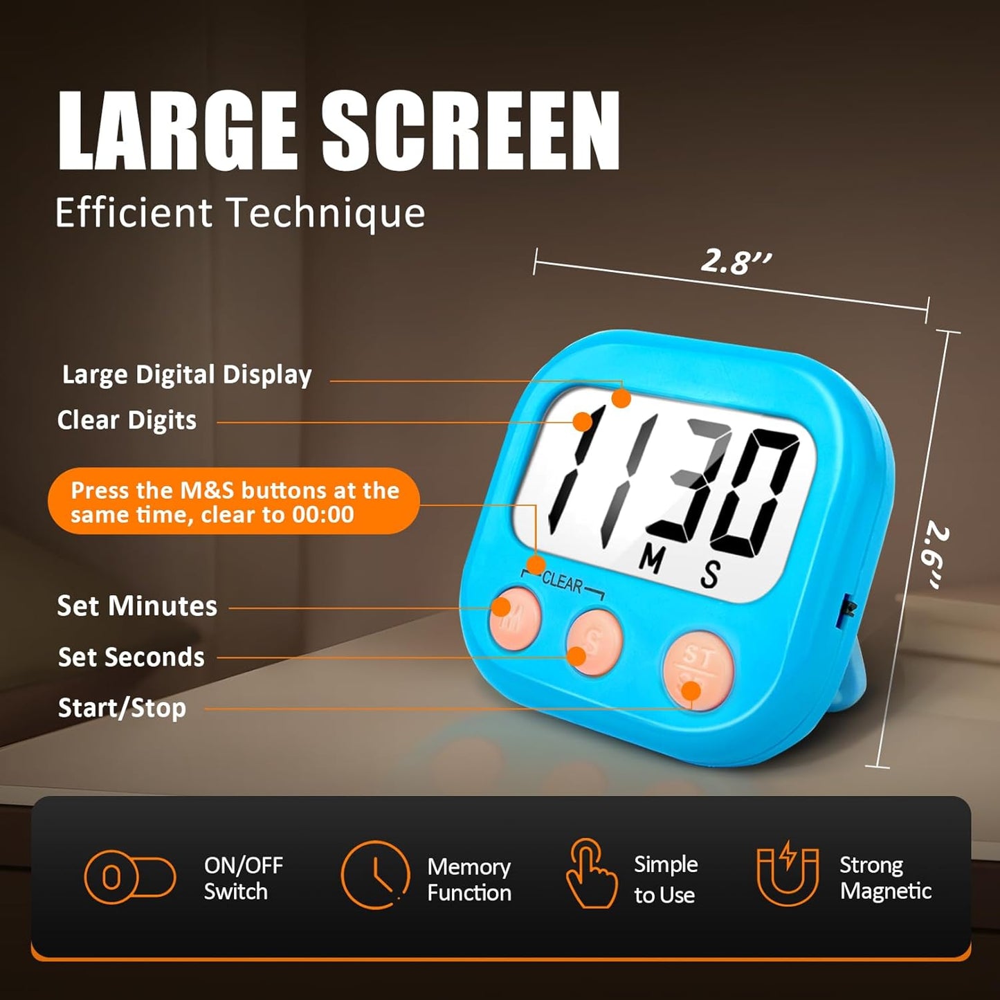 6 Pack Kitchen Timers Loud Ring Digital Timers for Cooking Magnetic Blue