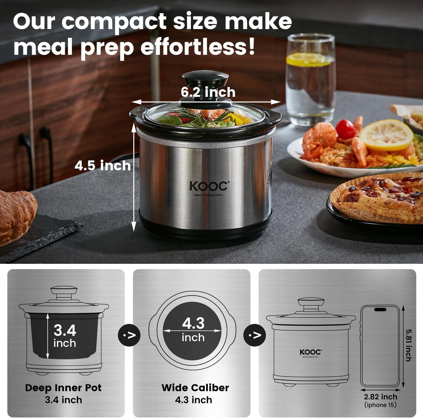 KOOC Small Slow Cooker, 0.65-Quart, Free Liners Included for Easy Clean-up, Upgraded Ceramic Pot, Nutrient Loss Reduction, Stainless Steel, Silver, Round