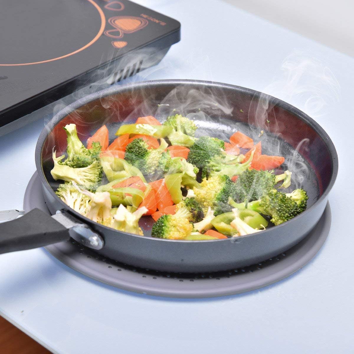 11" Silicone Splatter Screen Pan Cover with Folding Handle, Heat Insulation Cooling Mat, Strainer, Drain Board, Oil Splash Guard for Frying Pan