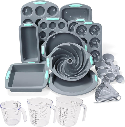 To encounter 30 in 1 Silicone Baking Set - 10 Silicone Baking Cake Pan, Baking Sheet, Donut Molds, Muffin Pan with Measuring Cups and Spoons Set