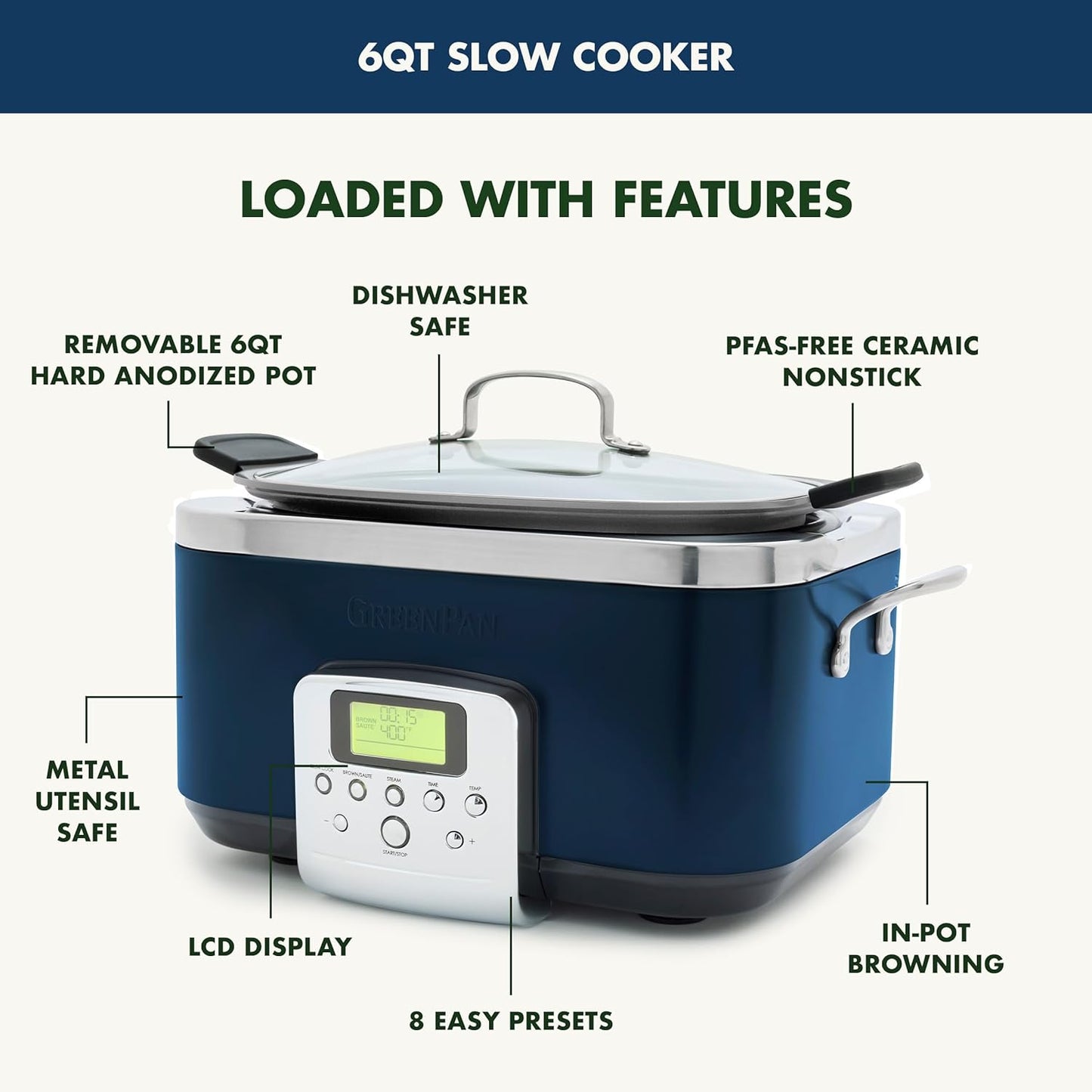 GreenPan Elite 8-in-1 Programmable 6QT Electric Slow Cooker,Dishwasher Safe Lid & Removable Crock, PFAS-Free Healthy Ceramic Nonstick Multi-Cooker,Sear, Sauté,Brown,Steam Basket,Roast, Oxford Blue