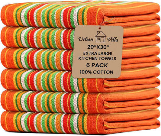 Urban Villa Kitchen Towels Waffle Stripes Dish Towels for Kitchen Orange Waffle Set of 6 Kitchen Towels Highly Absorbent 100% Cotton Over Sized 20X30 in with Mitered Corners Kitchen Hand Tea Towels