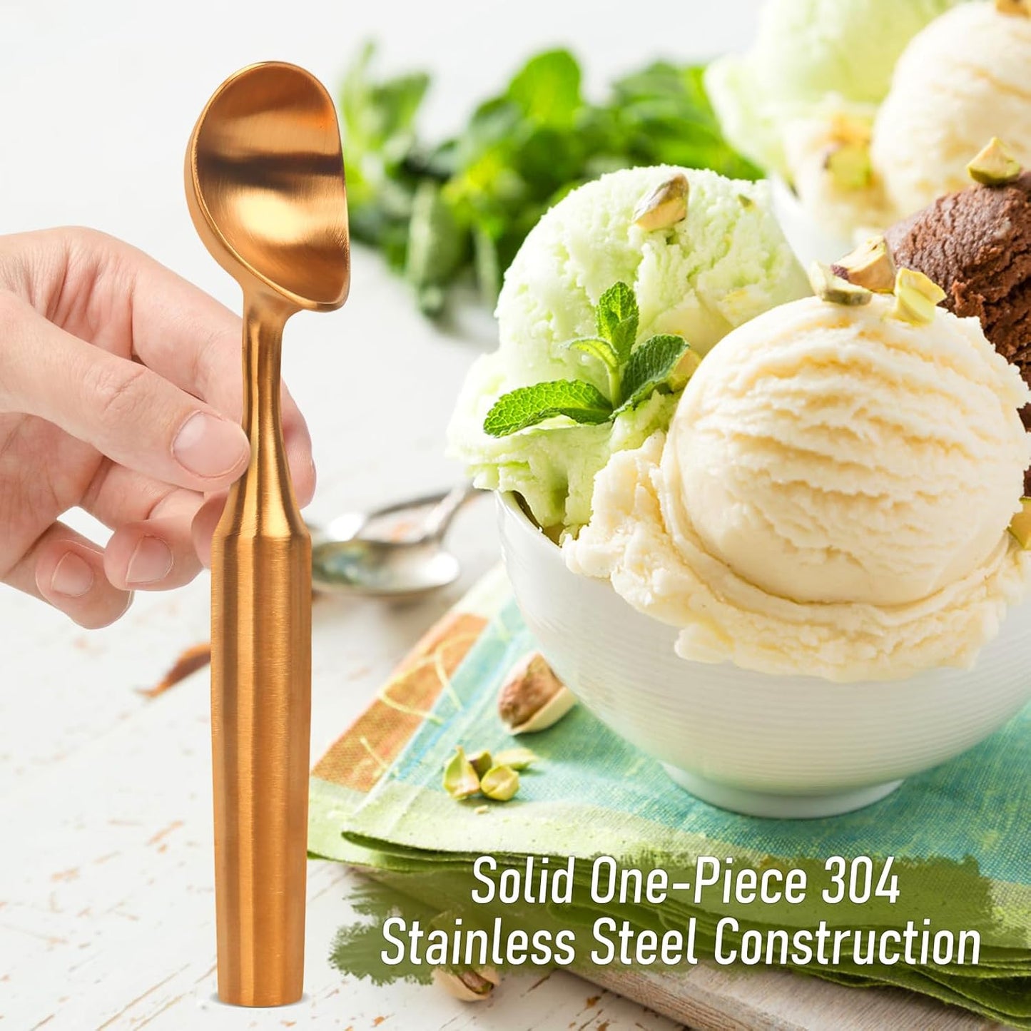 Heavy-Duty 304 Stainless Steel Ice Cream Scoop, 4.5 oz, Durable, Corrosion-Resistant & Dishwasher Safe with Ergonomic Grip for Perfect Scooping, Rosegold