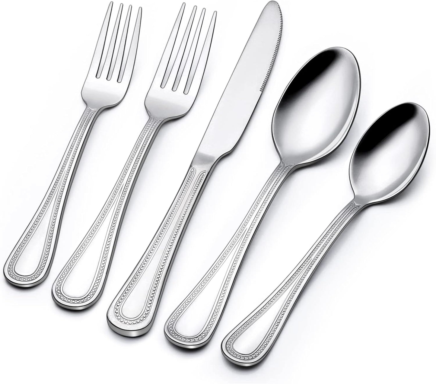 60-Piece Silverware Set for 12, Stainless Steel Flatware, Mirror Polished Cutlery Set, Utensils Include Spoons, Forks, Knives for Home, Restaurant, Beaded Handle, Dishwasher Safe