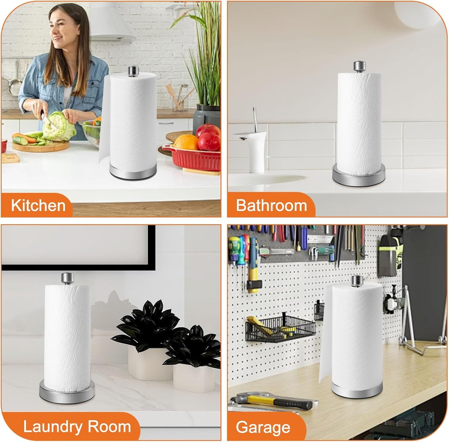 Stainless Steel Silver Paper Towel Holder Designed for Easy One-Handed Operation - This Sturdy Weighted Paper Towel Dispenser Countertop Model Has Suction Cups and Holds All Paper Towel Rolls