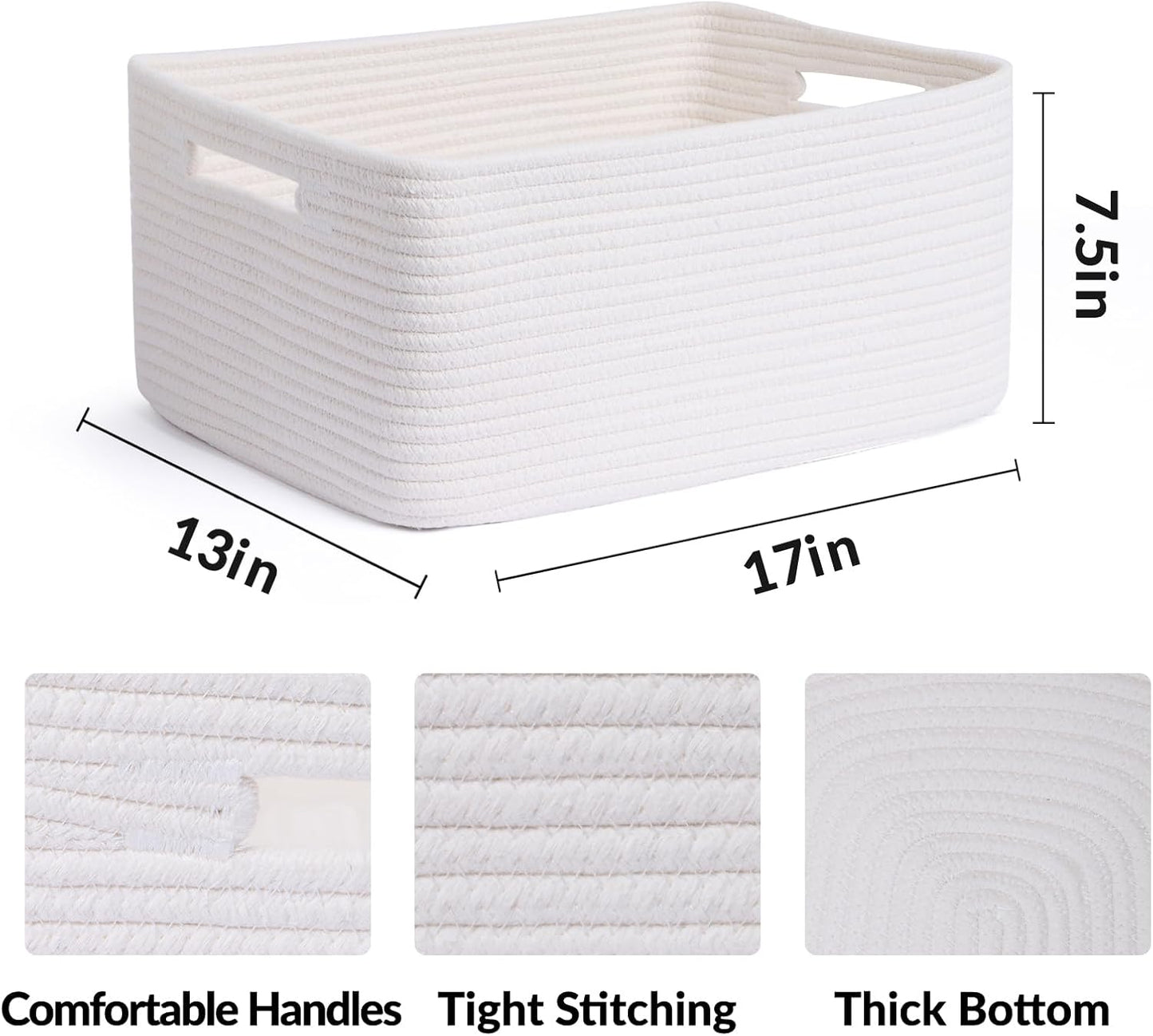 Large Storage Baskets for Shelves, Closet Organizers Bins for Clothes Blanket Towels, Baby Nursery, Toy Baskets Box, Woven Rope Baskets, 17 x 13 x 7.5”, 2 Packs Off White