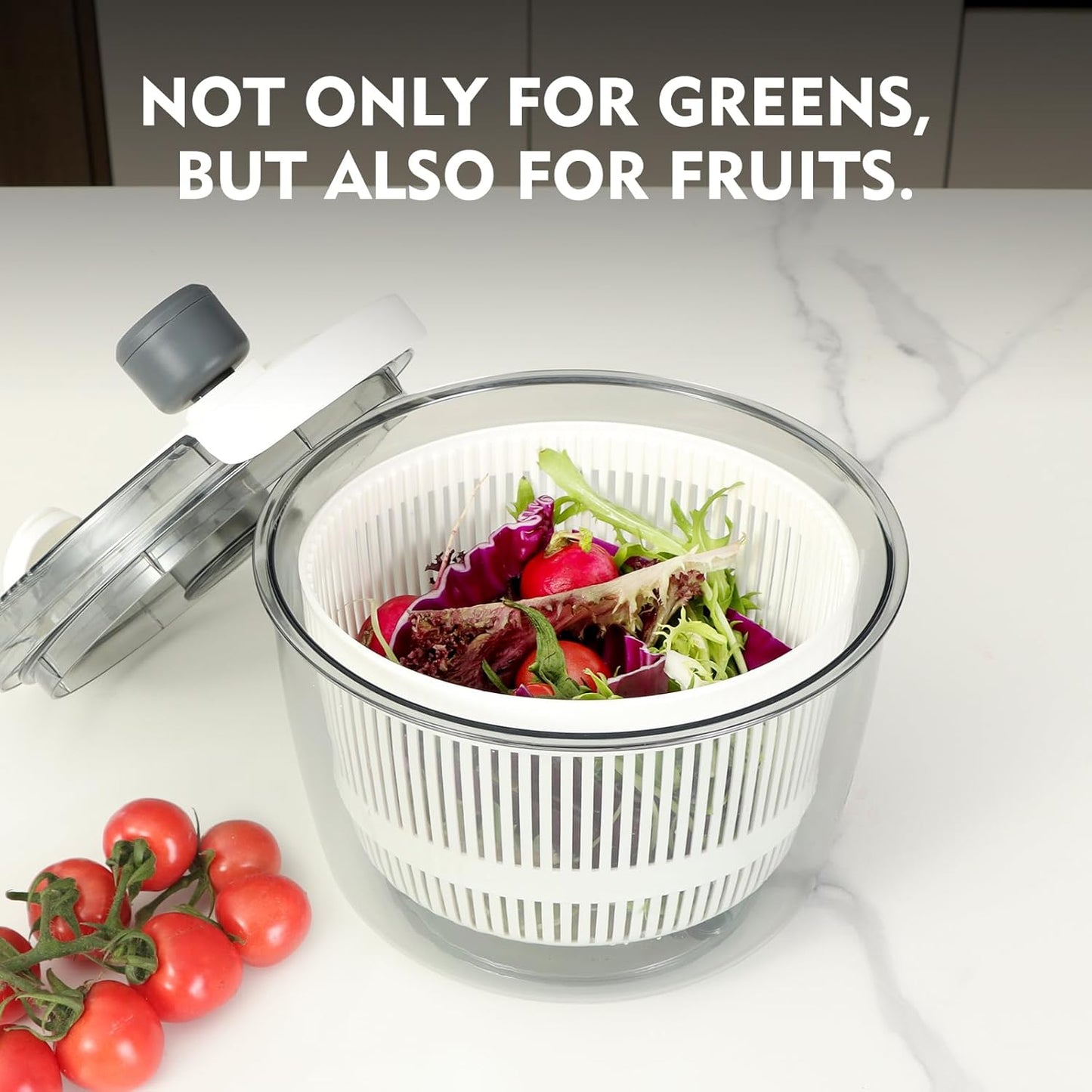 Ourokhome Salad Spinner Lettuce Dryer, Hand-crank Rotary Vegetable Dryer Veggie Washer with Transparent Bowl and Colander for Greens, Herb, Berry, Fruits, Macaroni, 2.8 QT, White