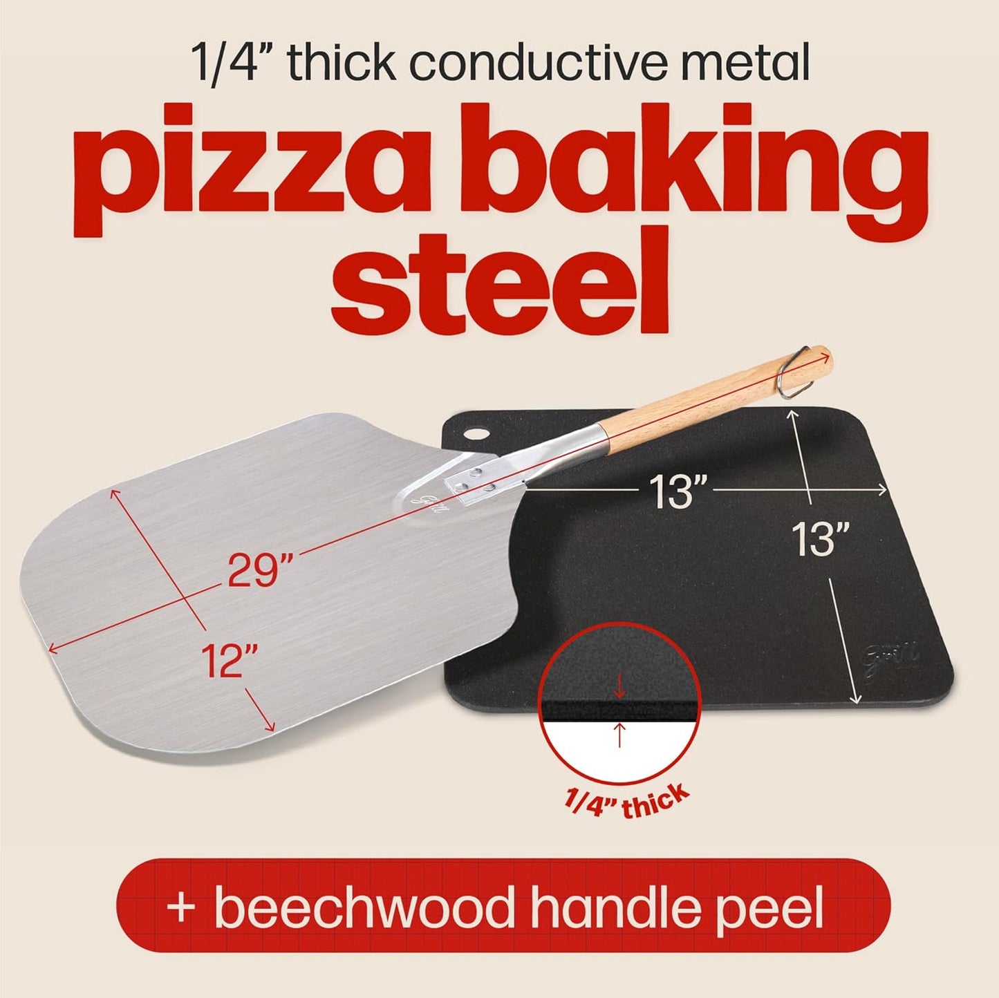 Pizza Steel PRO by Hans Grill | XL 1/4" Thick Square Conductive Metal Baking Steel for Oven and BBQ Cooking Pizzas | Bake and Grill Bread and Calzone with our Cast Iron Pizza Stone