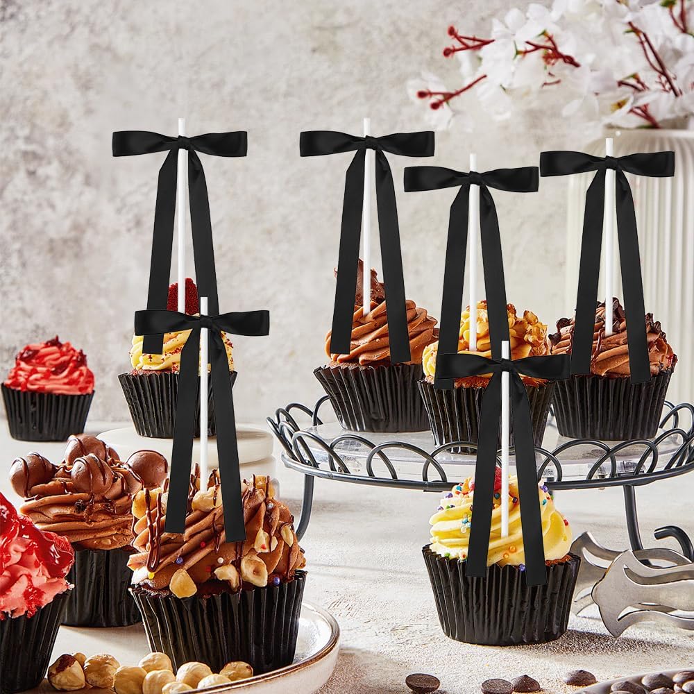 Bow Cake Toppers, 10 Pcs Large Black Bows Cupcake Toppers Themed Party Decorations, Black Birthday Cake Decorations for Wedding Baby Shower Party Supplies