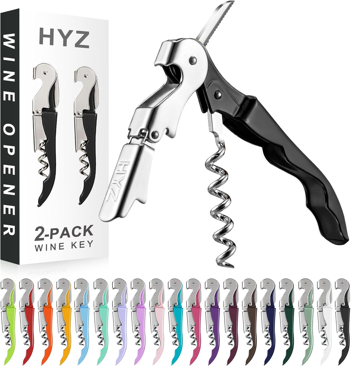 HYZ 2-Pack Wine Opener Waiter Corkscrew, Professional Wine Key for Servers, Bartender, with Foil Cutter, Manual Wine Bottle Opener Double Hinged (Black)