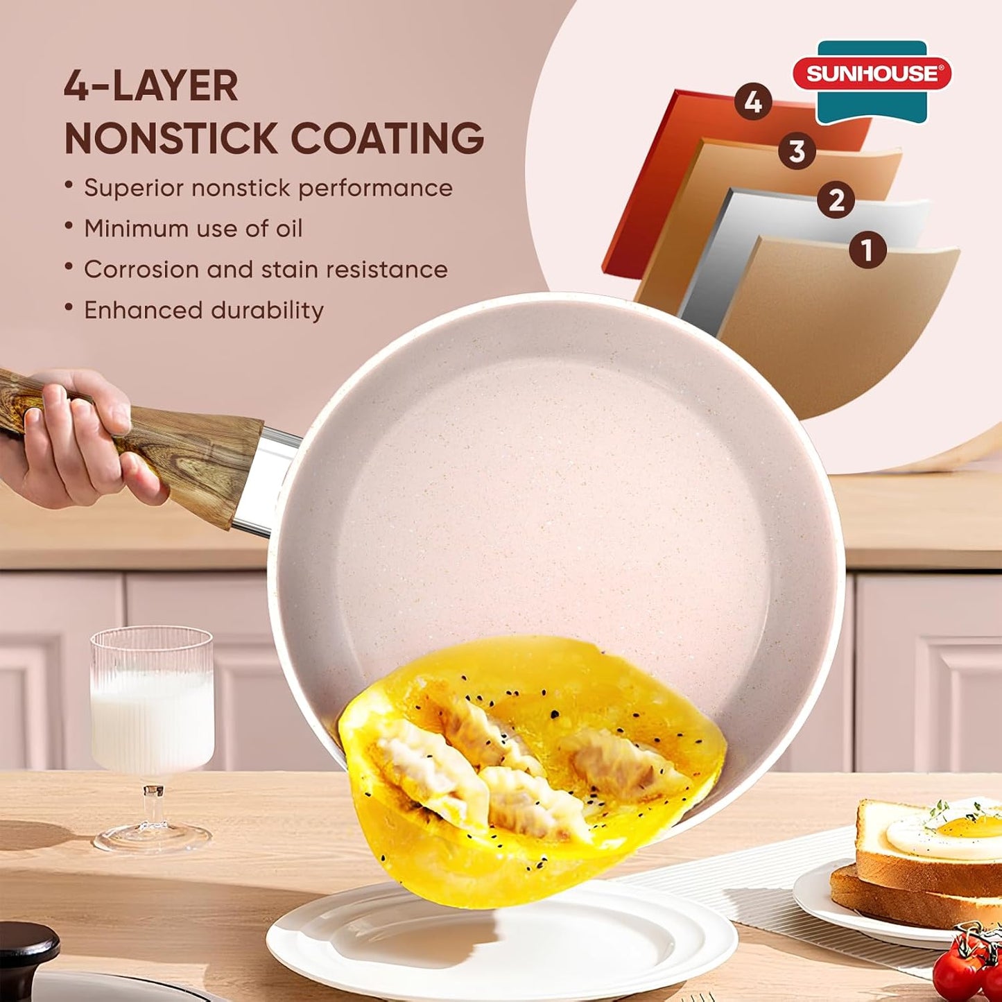 Sunhouse – Durable 9 Inch / 22 cm Nonstick Skillet, 4-Layer Non-Stick Frying Pan, PFOA-Free, Stay-Cool Handle, Induction Compatible with All Cooktops