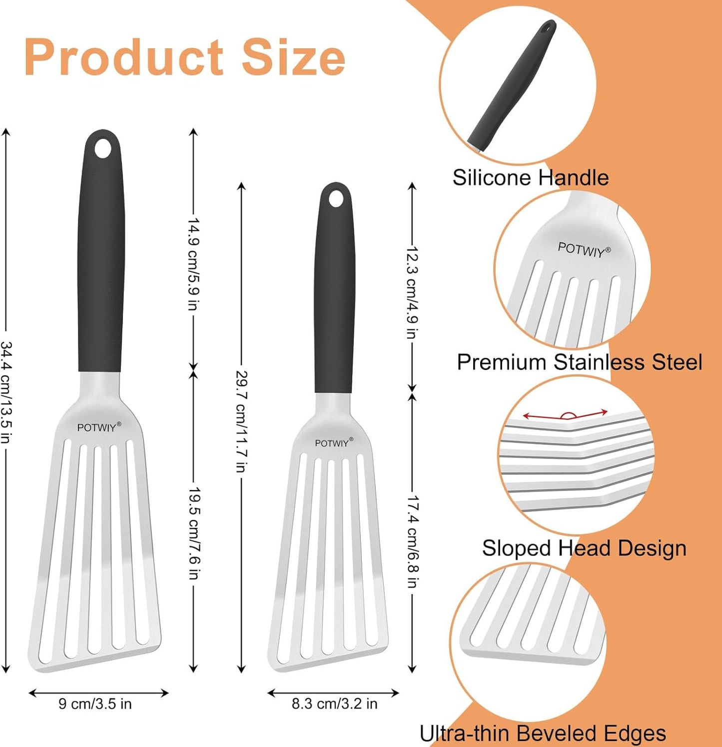 Fish Spatula Stainless Steel, 2 Pcs Metal Spatula Set for Kitchen and Grilling, Slotted Turner with Silicone Handle for Cast Iron Skillet, Cooking Utensils for Fish, Burger, Egg, 13.5" & 11.6"