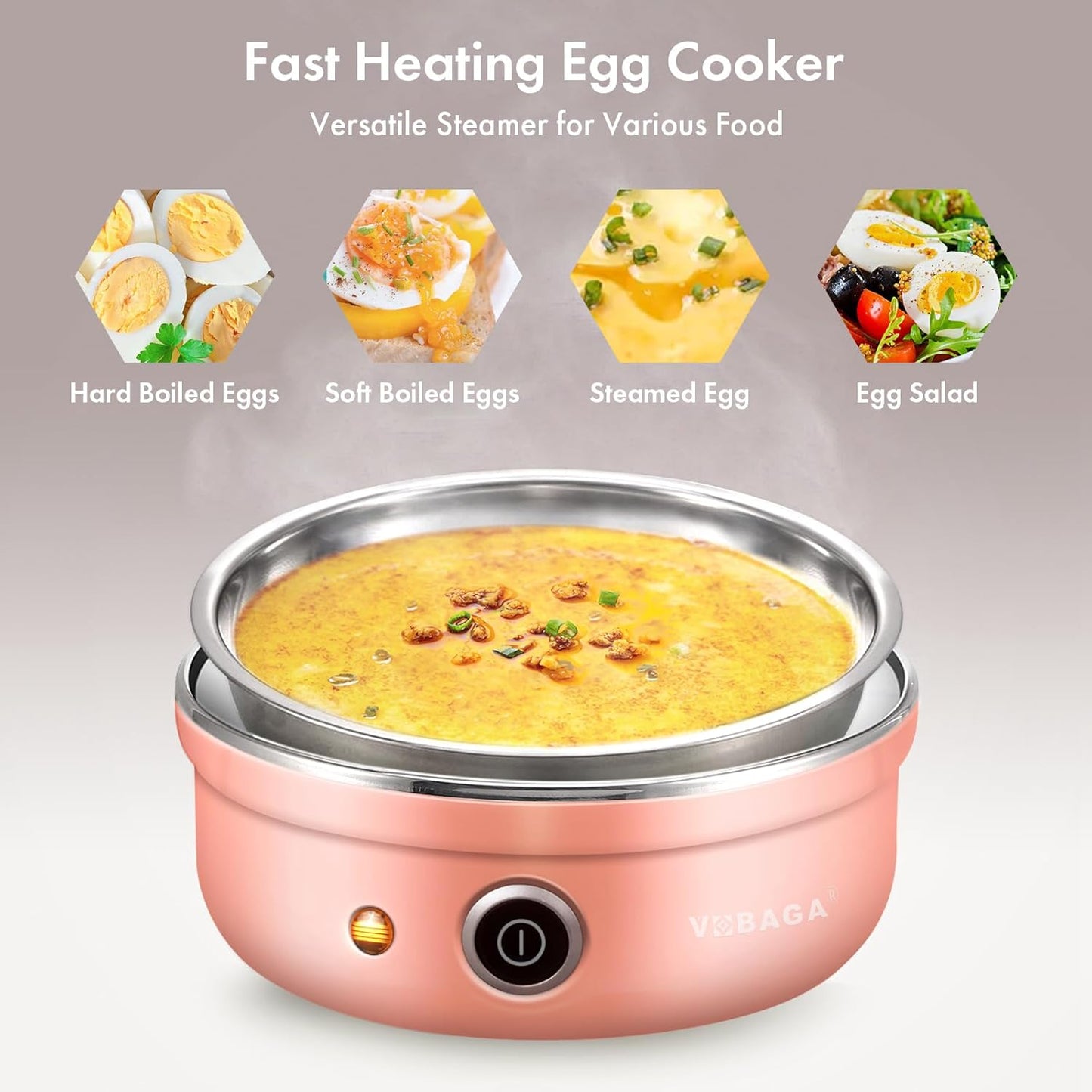 VOBAGA Electric Egg Cooker, Rapid Egg Boiler with Auto Shut Off for Soft, Medium, Hard Boiled, Poached, Steamed Eggs, Vegetables and Dumplings, Stainless Steel Tray with 7-Egg Capacity, Pink