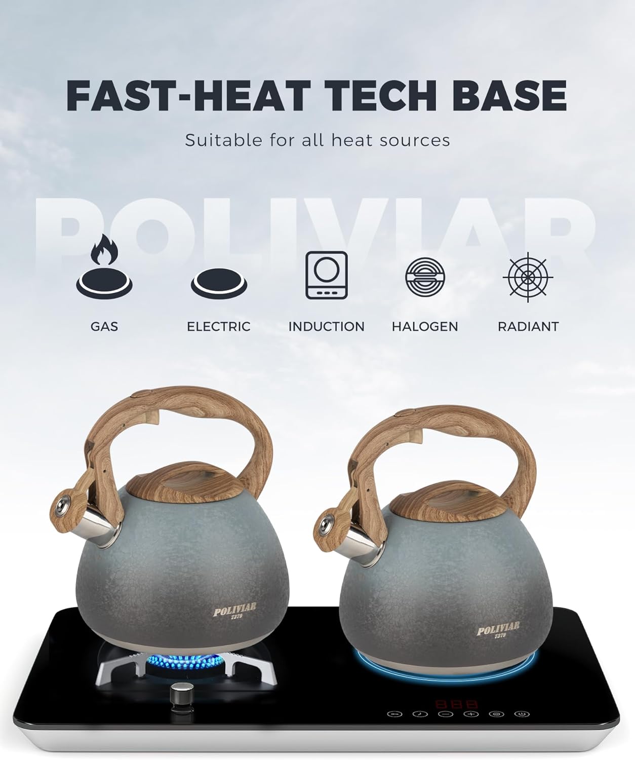 POLIVIAR Tea Kettle, 2.7 Quart Stovetop Tea Kettle, Audible Whistling Teapot with Crackle Finish, Food Grade Stainless Steel for Anti-Rust, Anti Hot Handle, Suitable for All Heat Sources (JX2023-LYL)