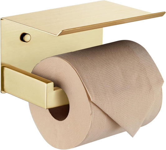 KOKOSIRI Toilet Paper Holder with Shelf Toilet Roll Holder for Bathroom Restroom T-304 Stainless Steel Wall Mounted, Gold Finish, B2010BG