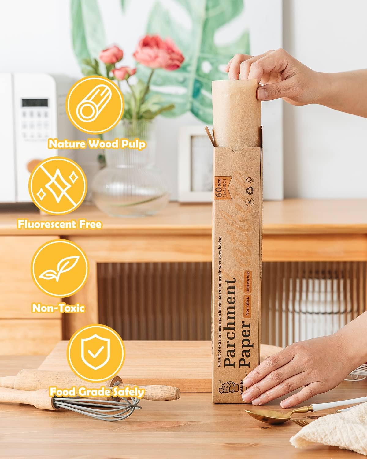 Katbite 12x16 Inch Parchment Paper Sheets, Pre cut Unbleached Baking Paper, Heavy Duty & Non-stick for Half Sheet Baking, Cooking, Grilling Wrapping Foods