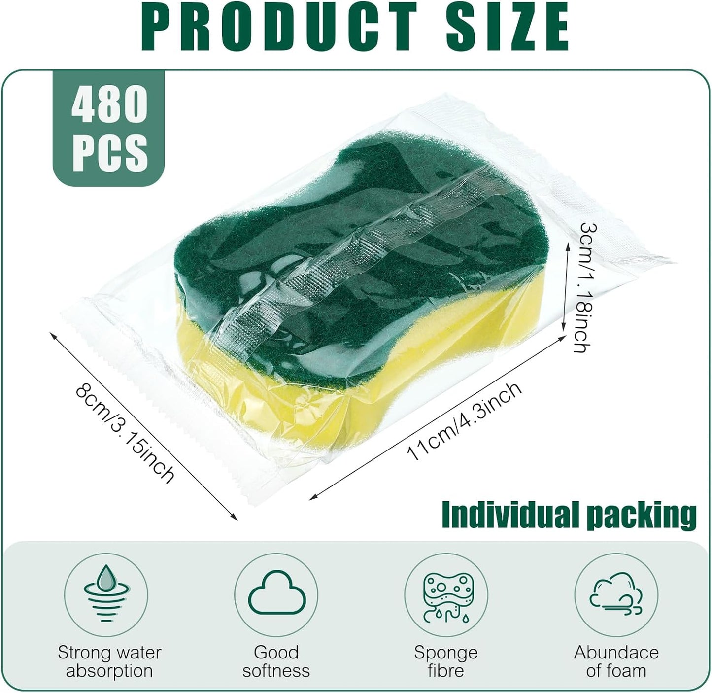 Tanlade 480 Pcs Individually Wrapped Sponges Kitchen Bulk Non Scratch Scouring Sponges for Dishes Household Cleaning Travel Apartments Hotel Car