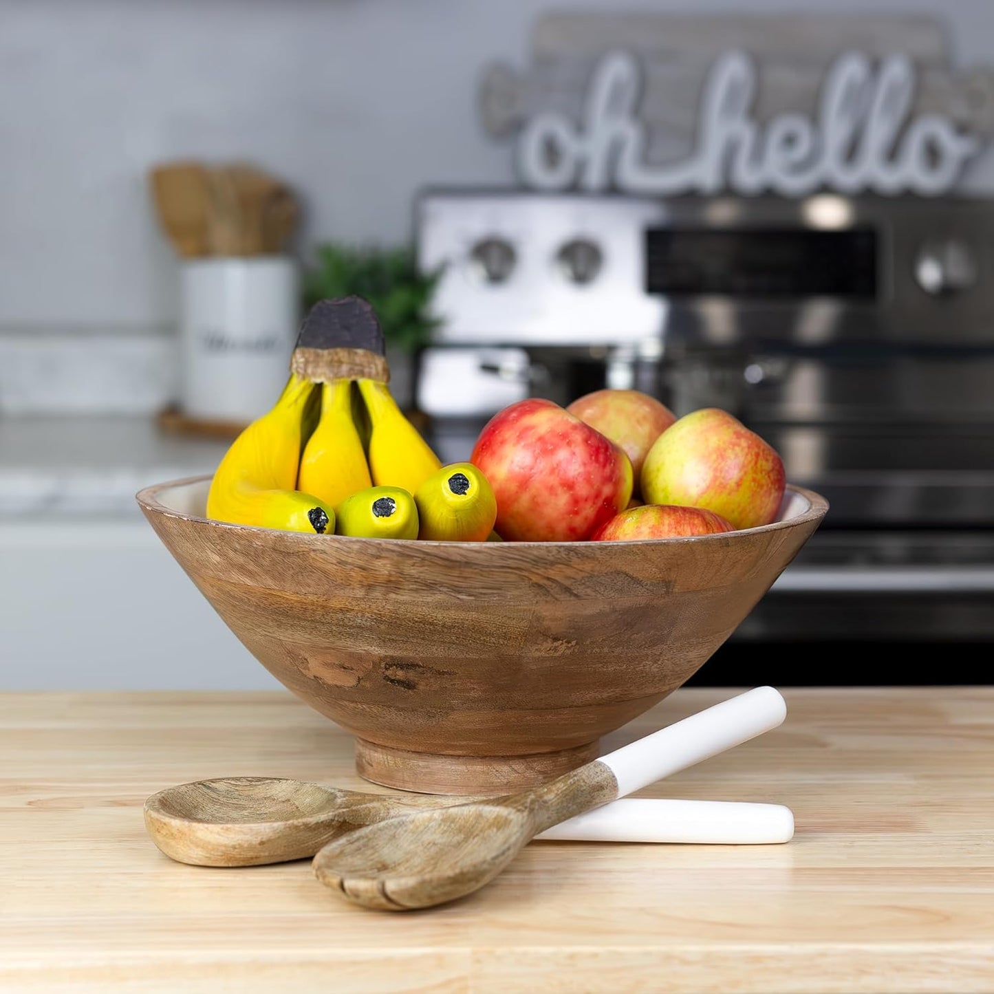 AuldHome Design Wooden Salad Bowl Set (Large Serving Bowl w/Utensils); Salad Serving Set in Mango Wood