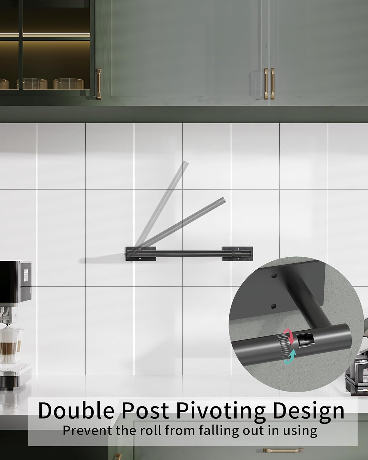 Paper Towel Holder Under Cabinet, Self Adhesive or Wall Mounted SUS304 Stainless Steel Paper Towel Holder for Kitchen, Bathroom(2 Towel Hooks, Matte Black)