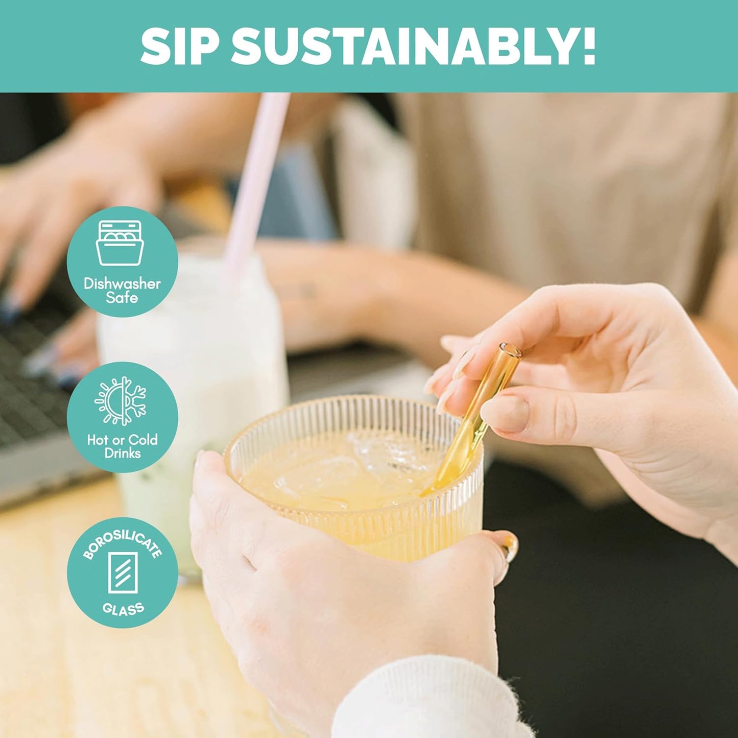 Simply Straws 6 Inch Glass Straws Bent (6-Pack) – Reusable Glass Straws for Low Balls & Stemless Glasses, with Cleaning Brush – Dishwasher Safe, Hot & Cold Use, BPA-Free (Seaglass)