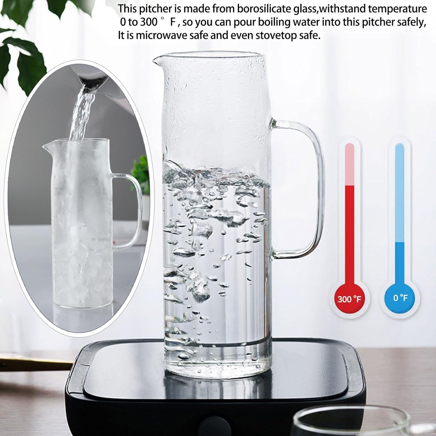 hjn Glass Pitcher with Lid Glass Water Carafe with Handle, Fridge Water Jug Cold or Hot Beverages, Iced Tea, Milk, Juice 1500ml/51oz & aluminium lid