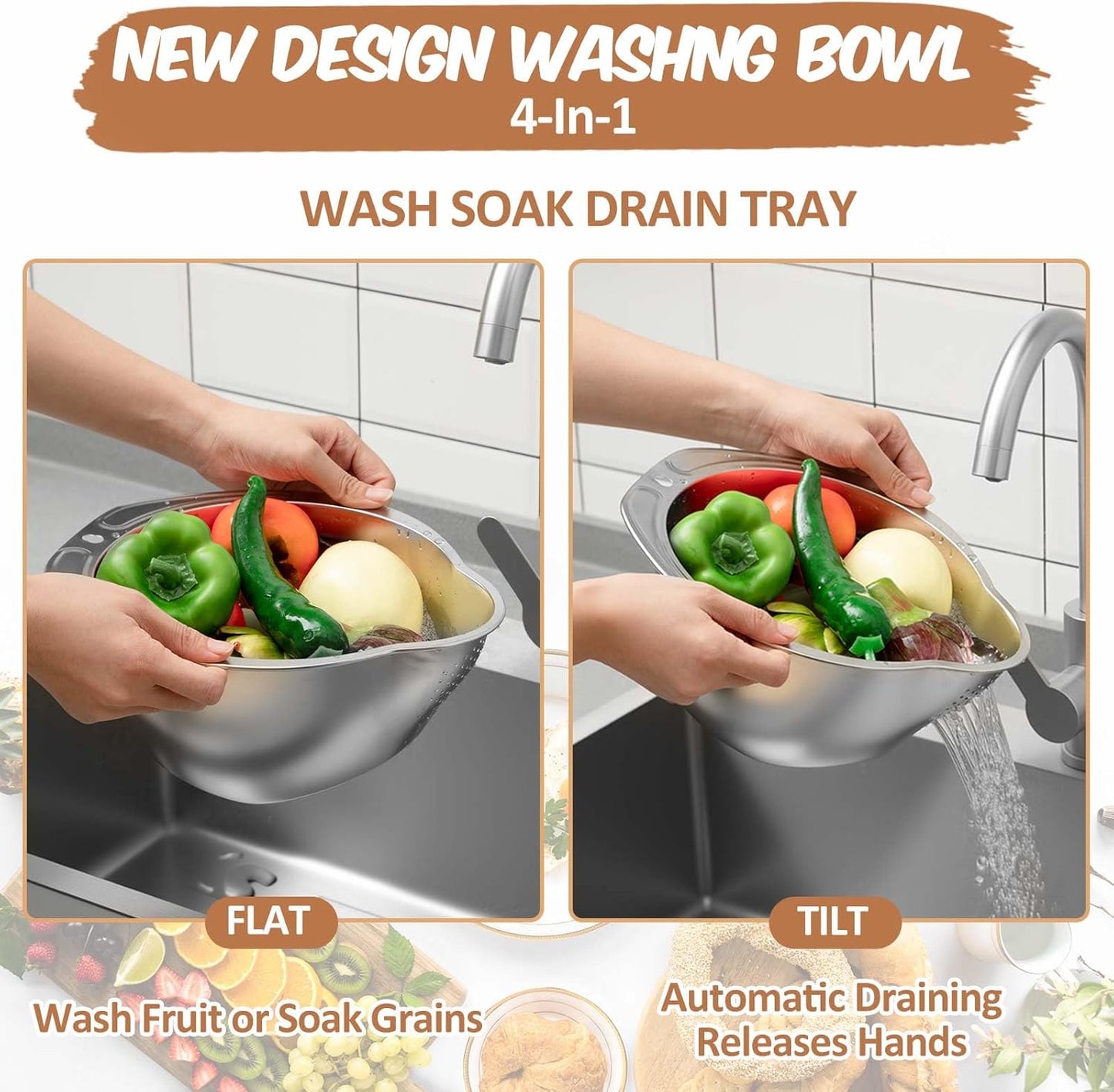 2 Pcs Rice Washer Strainer Bowl 4-in-1 Washing Bowl for Quinoa, Stainless Steel Rinser with Side Drainers Small Colander for Cleaning Fruits, Vegetables, and Beans - Versatile Kitchen Tool