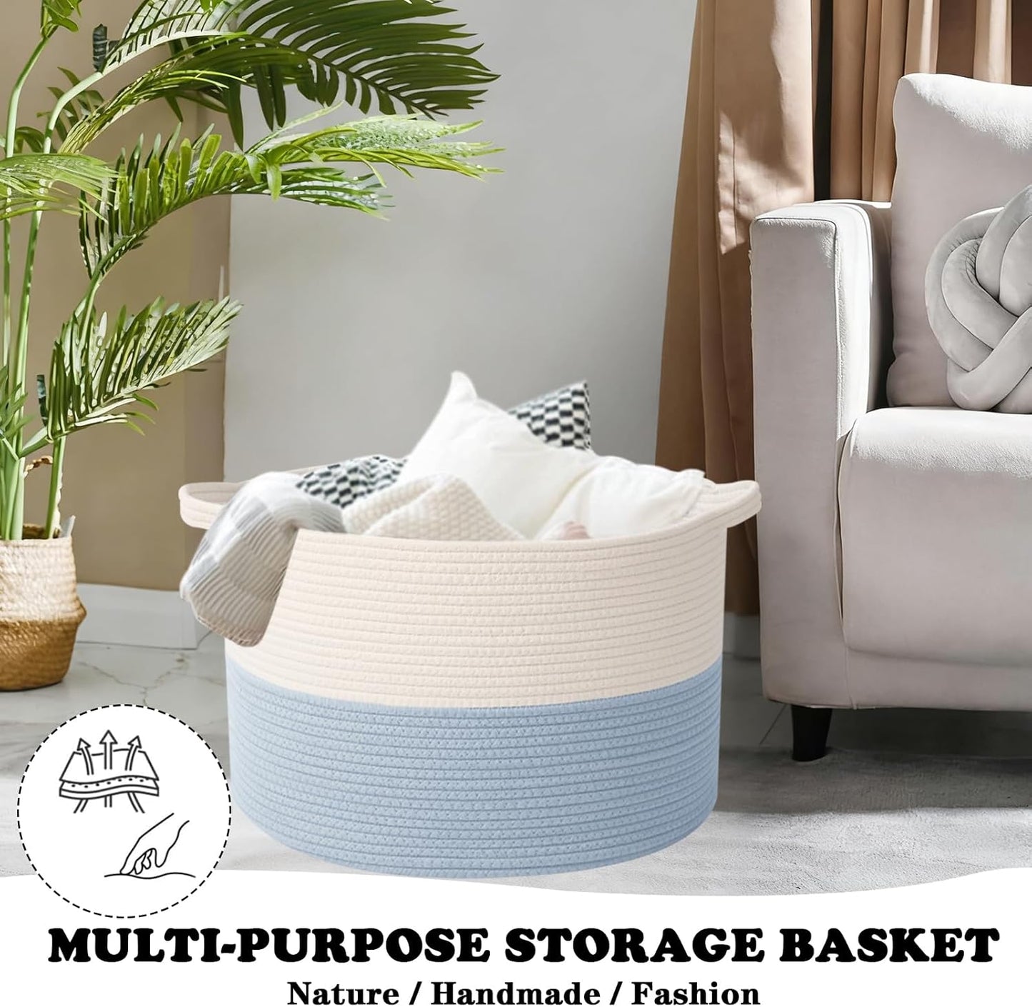 Large Blanket Basket for Organizing,115L Closet Organizers and Storage Bins Box for Shelves Woven Rope Storage Baskets,Living Room,Bedroom,Dorm,Laundry room (White&Blue)