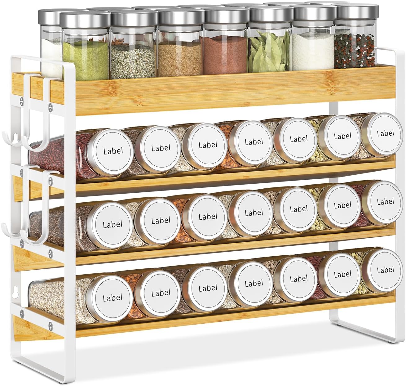 EsLuker.ly Spice Seasoning Rack Organizer Kitchen Countertop, 4 Tier Bamboo Spice Shelf Holder Storage with 4 Hooks, Wall Mounted Freestanding Stand for Pantry, Bamboo-White(Jars Not Included)