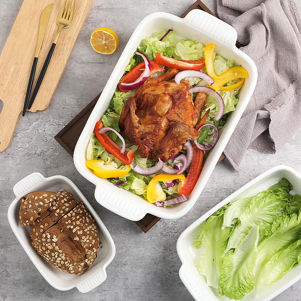 Sweejar Baking Pans Set, Ceramic 9x13 Baking Dish with Handle, Rectangular Casserole Dishes for Oven, Bakeware Sets of 3, Durable Lasagna Pan Deep for Kitchen, Banquet, Wedding Gift(Green)