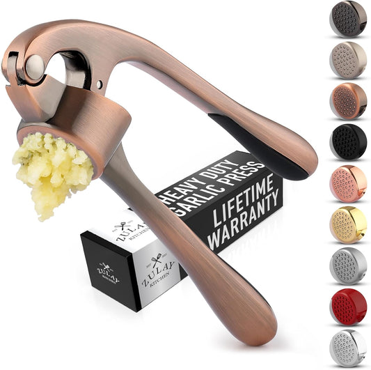 Zulay Kitchen Premium Garlic Press Set - Rust Proof & Dishwasher Safe Professional Garlic Mincer Tool - Easy-Squeeze, Easy-Clean with Soft, Ergonomic Handle - Silicone Garlic Peeler & Brush (Copper)