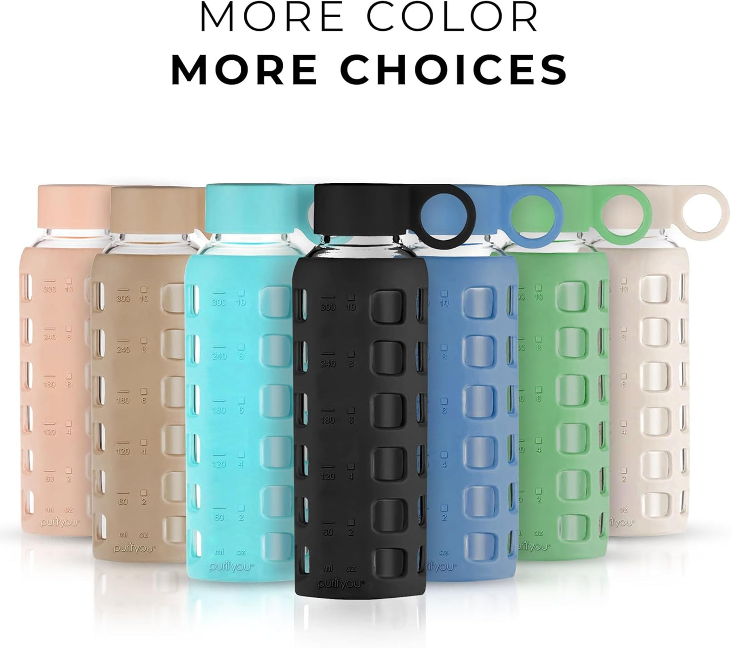 purifyou 40oz / 32oz / 22oz / 12oz Borosilicate Glass Water Bottle with Time & Volume Markers, Silicone Sleeve, Stainless Steel Lid – Reusable Glass Bottle for Water & Juice (12oz Jet Black)