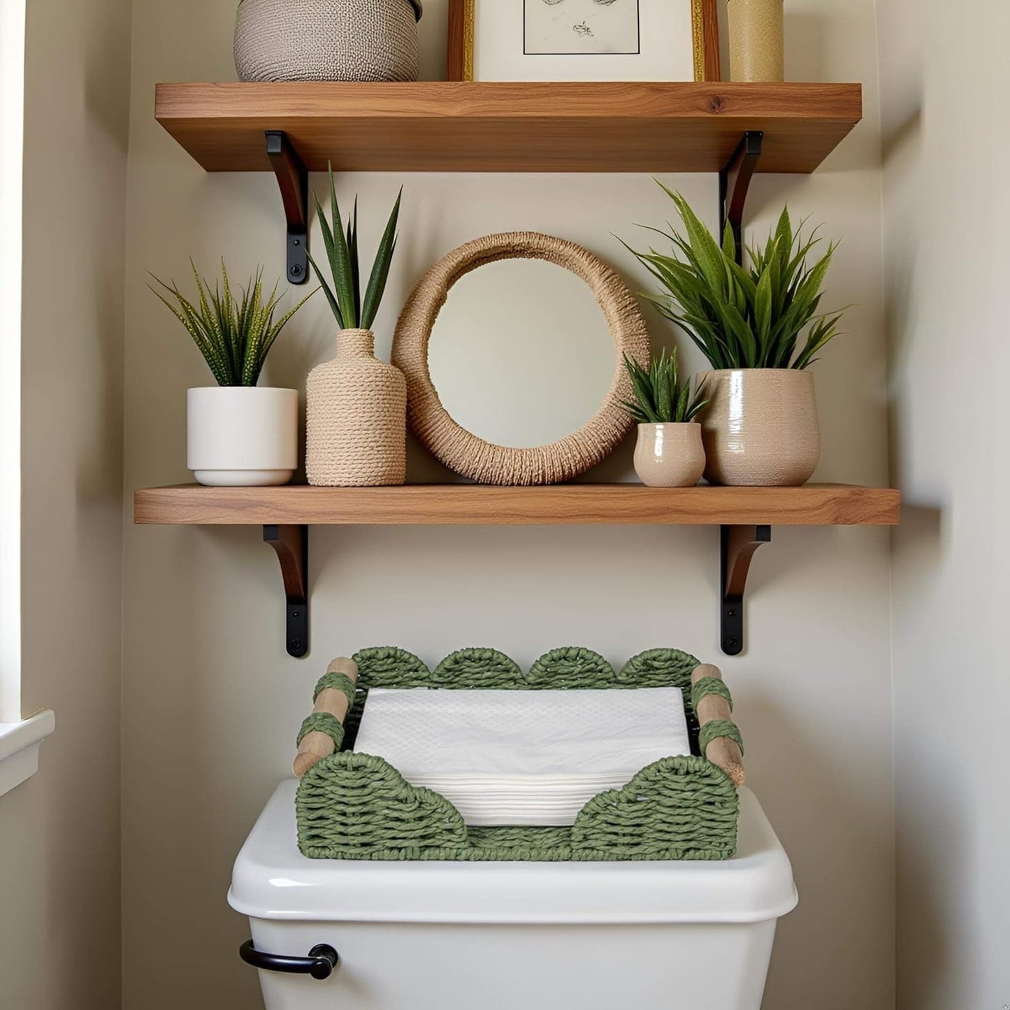 CubesLand Scalloped Napkin Holder for Bathroom Decor, Paper Rope Flat Napkin Dispenser Guest Towel Tray for Bathroom, Farmhouse Warm Napkin Holder for Table Dining Room Home Kitchen Decor, Green