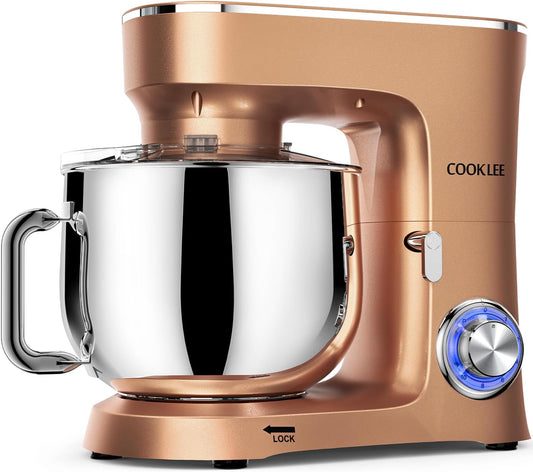 COOKLEE Stand Mixer, 9.5 Qt. 660W 10-Speed Electric Kitchen Mixer with Dishwasher-Safe Dough Hooks, Flat Beaters, Wire Whip & Pouring Shield Attachments for Most Home Cooks, Champagne