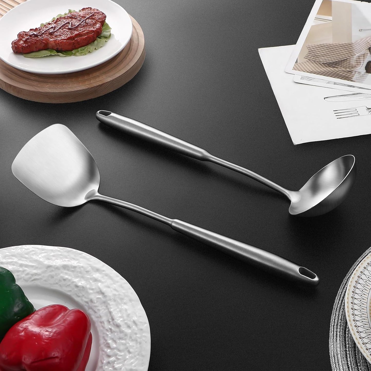 14-15" Wok Spatula and Ladle,2 PCS Wok Tools Set,304 Stainlss Steel Cooking Utensils,Matte Wok Accessories,Solid Wok Utensils