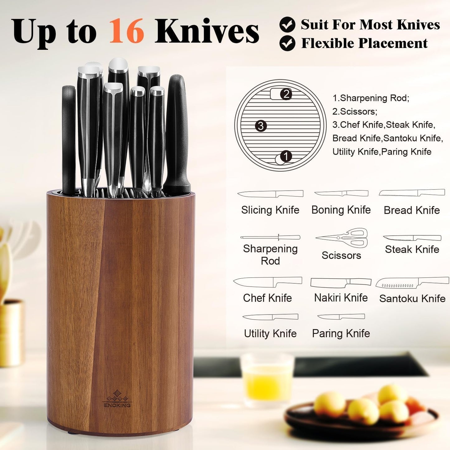 Enoking Universal Knife Block Holder with Plastic Lid, Acacia Wood Knife Block without Knives for Scissors, Sharpening Rod and Knives, Round Knife Storage Organizer Display