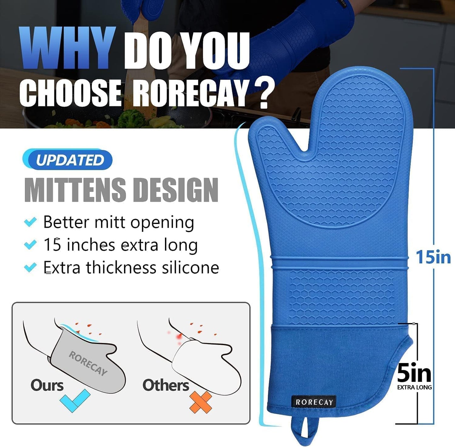 Rorecay 6pcs Oven Mitts and Pot Holders Sets for Kitchen, Extra Long Non-Slip Silicone Oven Gloves Heat Resistant 500 Degrees Potholders Hot Pads for Baking Cooking, Quilted Liner, Lake Blue