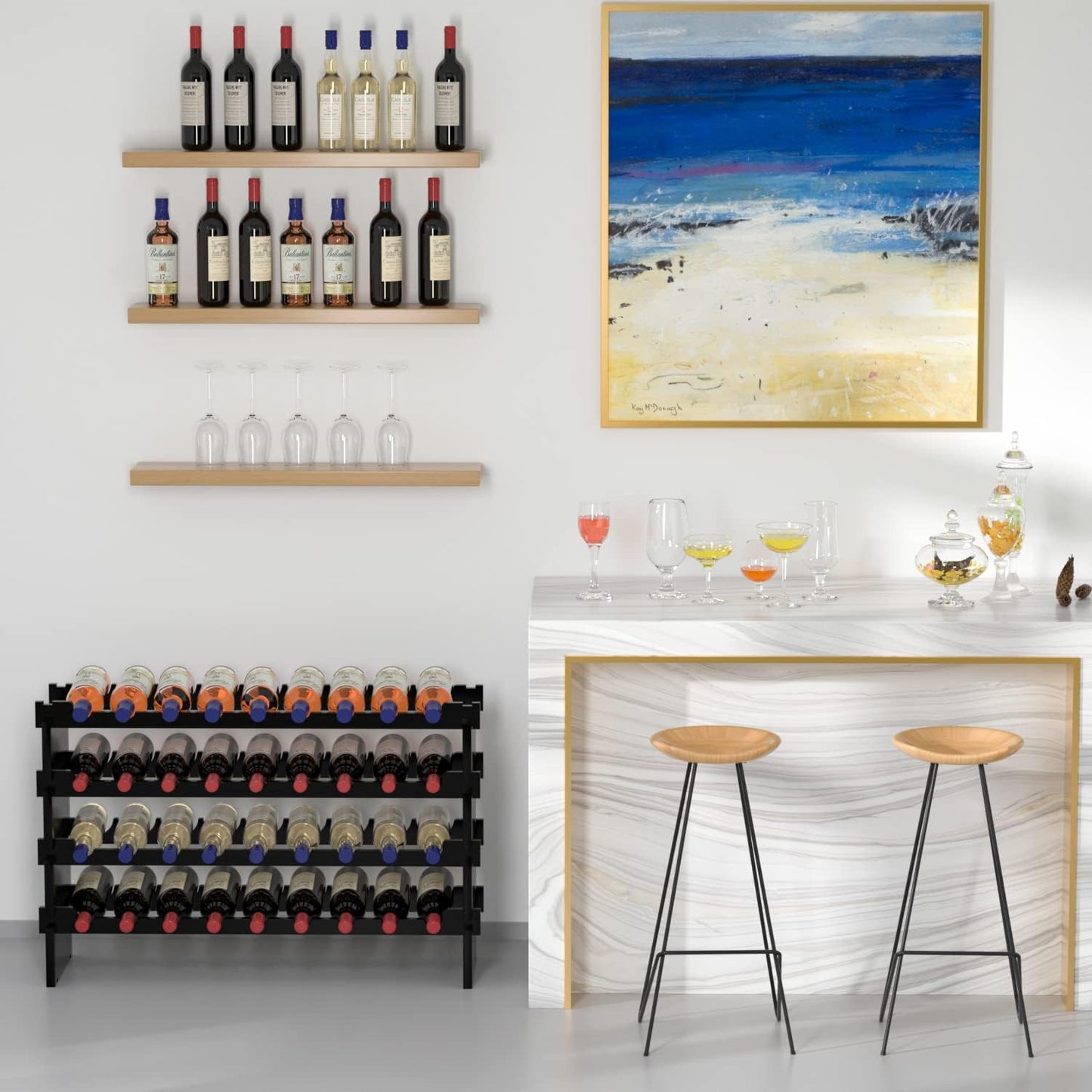 Domax Wine Rack Freestanding Floor - 36 Bottle Wooden Stackable Wine Storage Holder for Cabinet, Bar, Pantry and Cellar 33.5 inch Wide(Black)