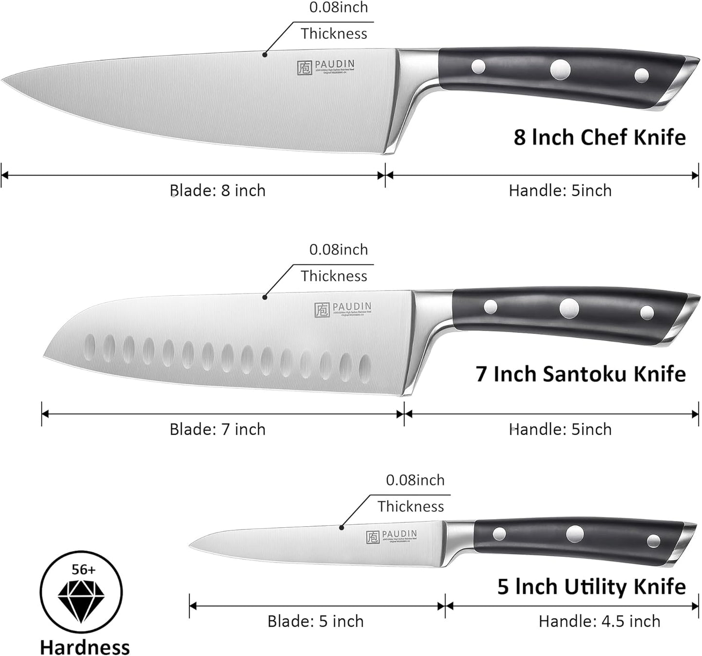 PAUDIN Kitchen Knives Set, Switzer 3-Piece Chefs Knife Set High Carbon Stainless Steel with Ultra Sharp Blade & Plastic Handle Professional Chef Knives