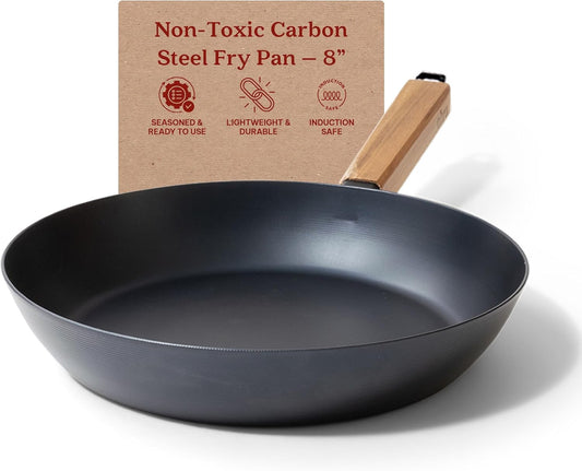 Alva Forest 8” Carbon Steel Frying Pan – Pre-Seasoned, Lightweight Chef-Grade Skillet with Stay-Cool Acacia Handle, Natural Nonstick, Induction & All-Stove Compatible – Professional Restaurant Quality