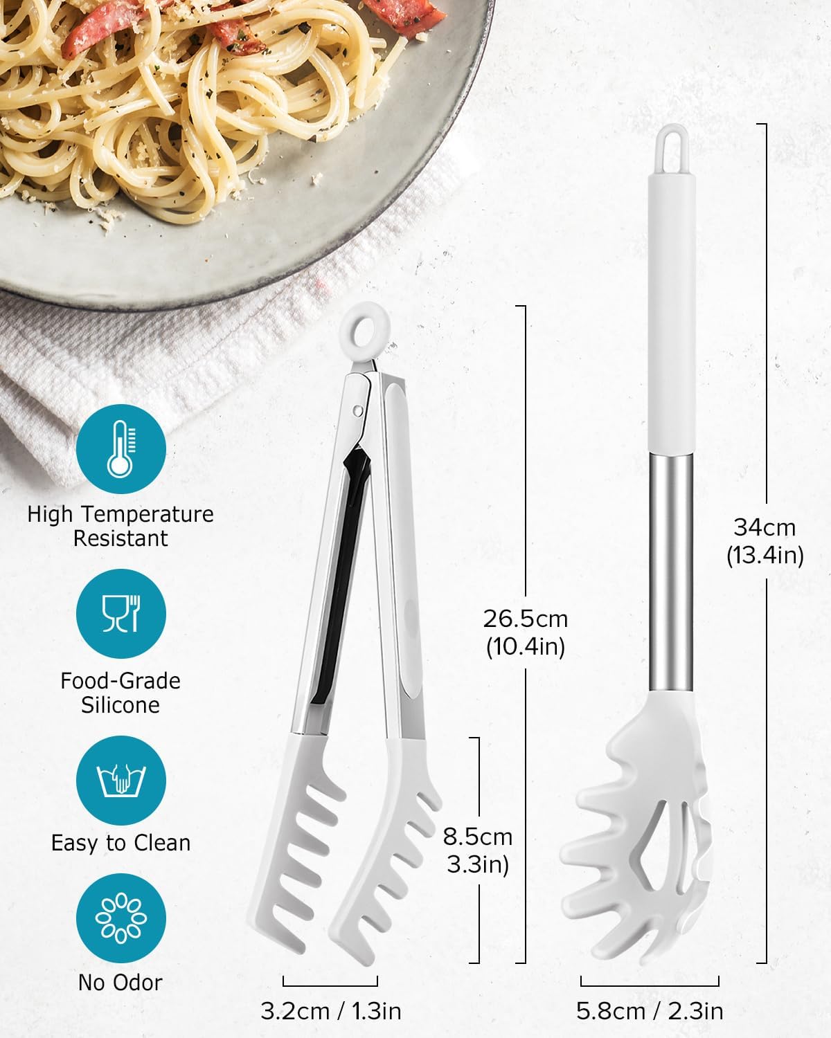 Spaghetti Spoon and Pasta Tong, Non-stick Silicone Spoon Server Fork with teeth and Stainless Steel Handle Spaghetti Tong, Food Clip for Spaghetti Noodle, White