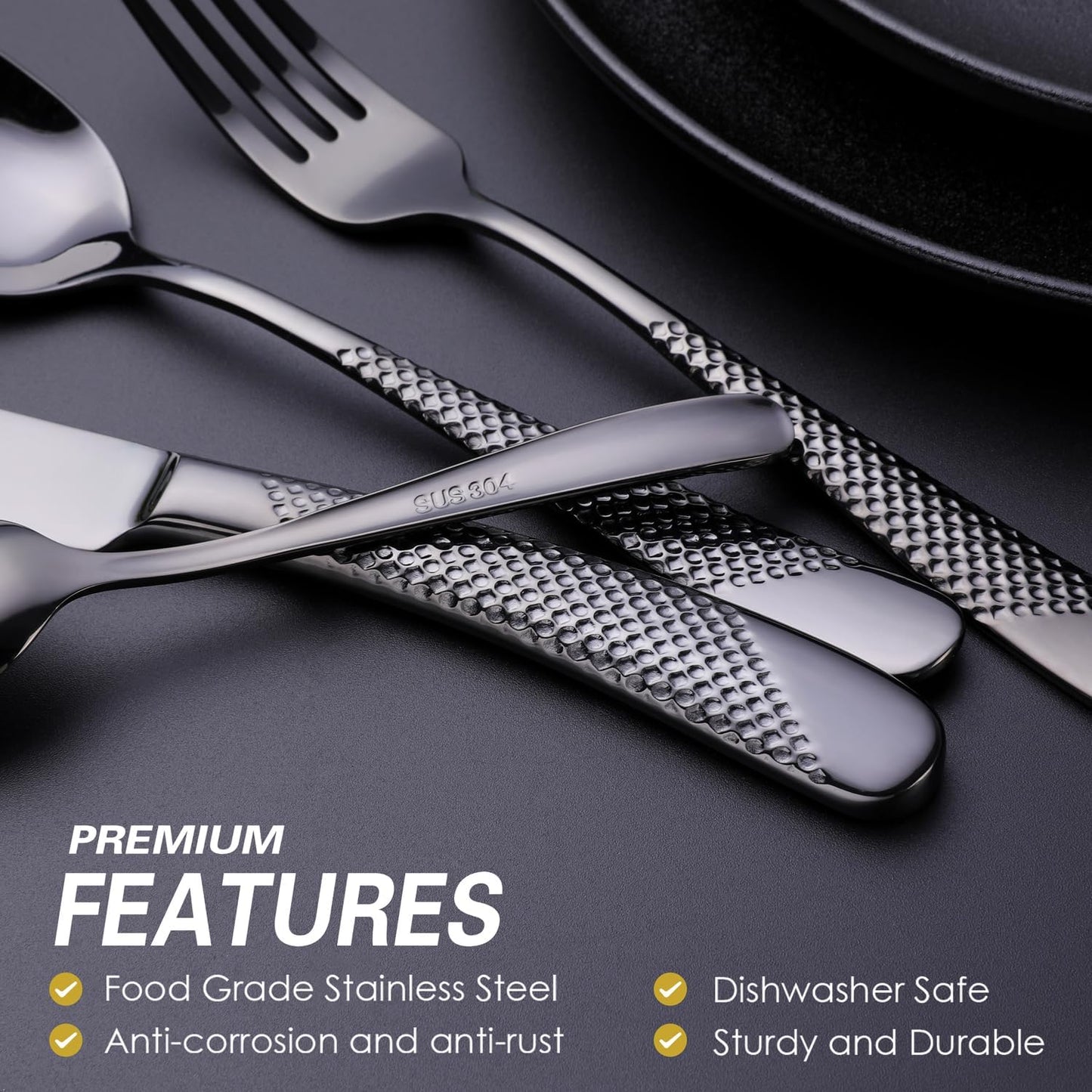 Hammered Black Silverware Set, OGORI 24-Piece 18/10 Stainless Steel Flatware Set, Service of 6