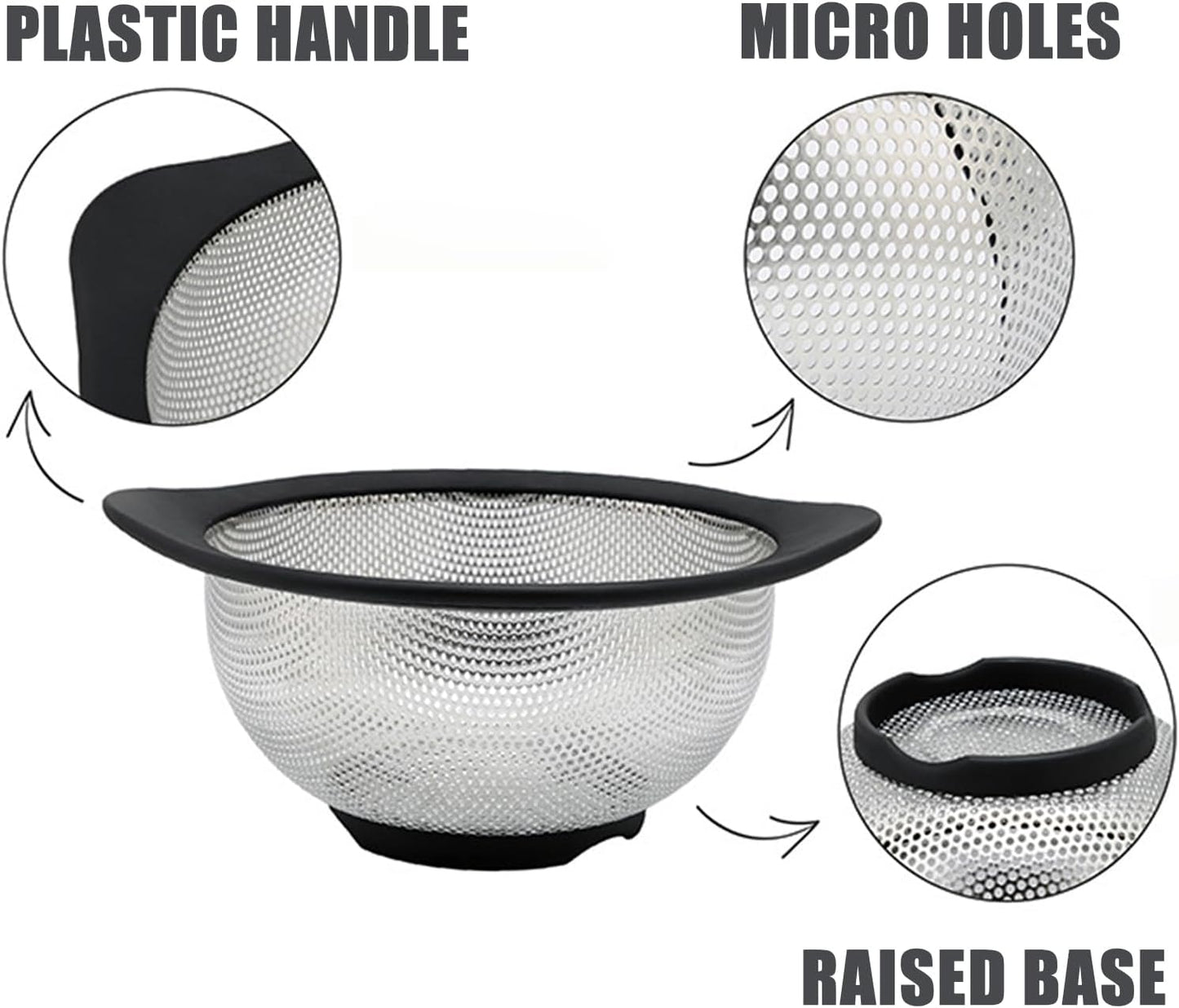 Stainless Steel Colander for Kitchen Metal Colanders & Food Strainers, Small and Large Sink Colander Set, Black Non-Slip Grip, (3 QT and 5 QT)